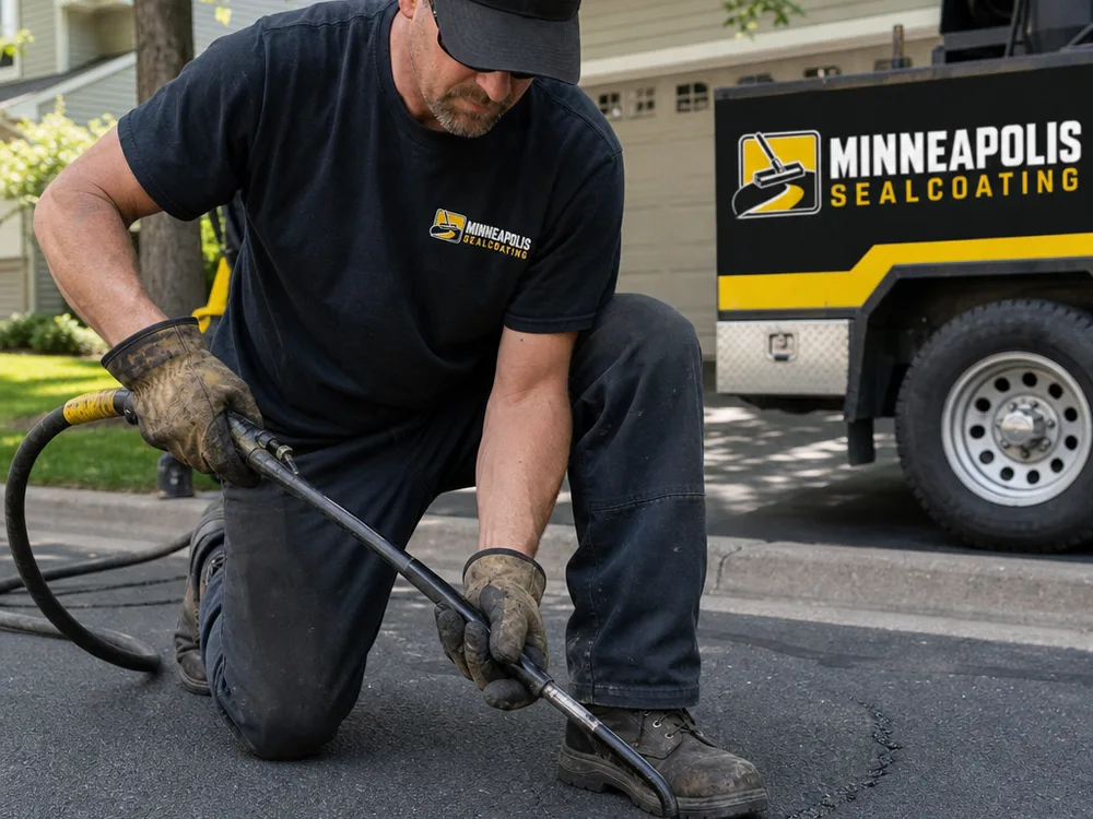 Technician applying hot rubberized sealant to a cleaned driveway crack