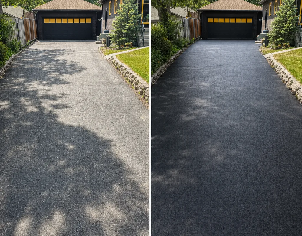 Before and after comparison of a faded and freshly sealed Minneapolis driveway