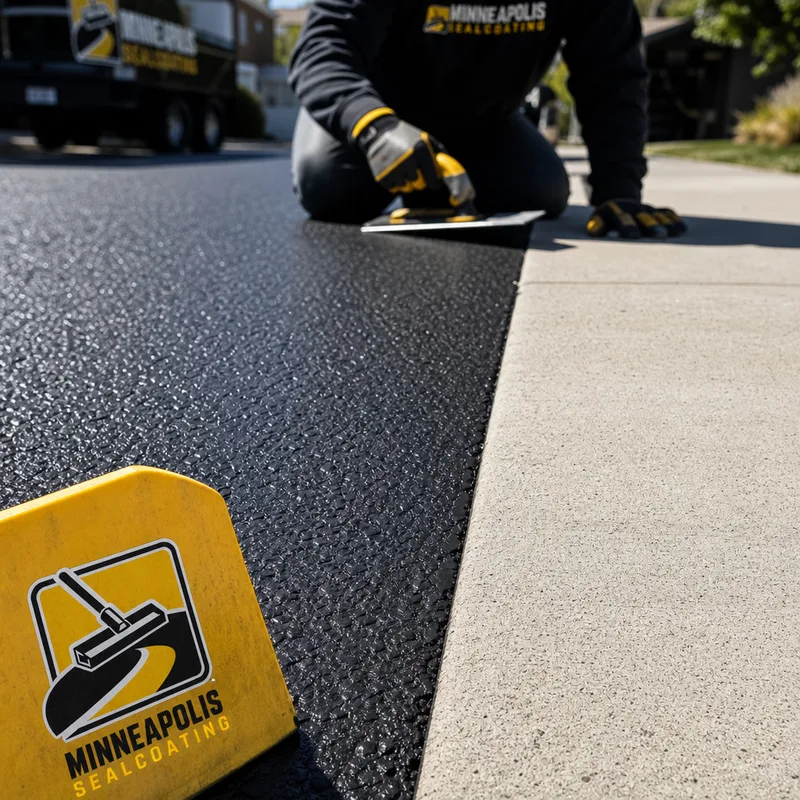 Clean sealcoating edge where asphalt meets a concrete sidewalk