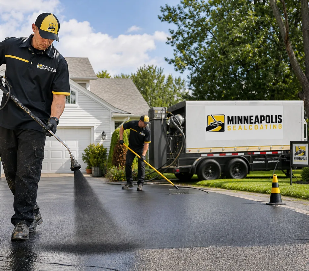 Crew applying a uniform asphalt seal coat to a Minneapolis residential driveway