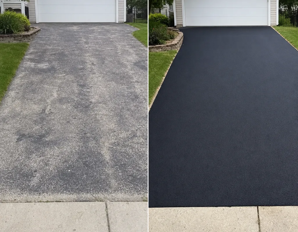 Before-and-after view of a faded driveway restored to a dark even finish with crisp sidewalk edges
