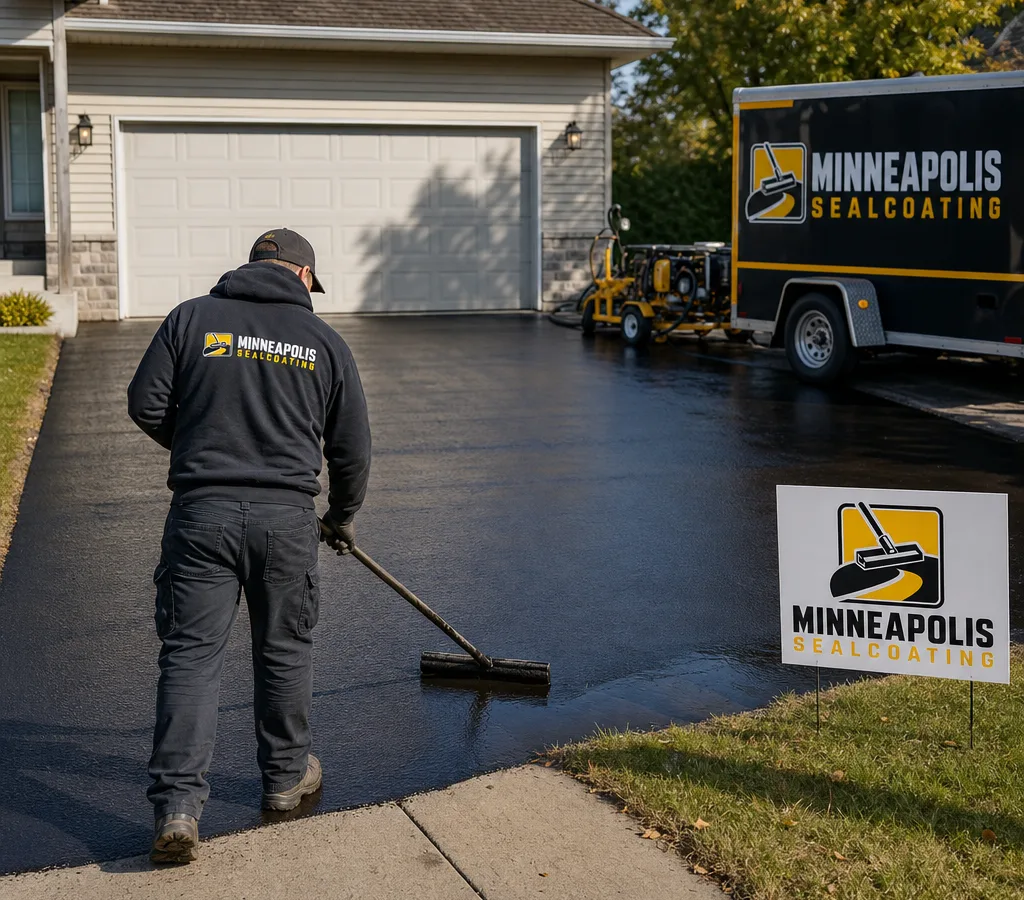Crew applying fresh blacktop driveway sealer on a Minneapolis residential driveway with clean cut-in edges