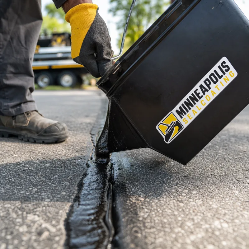 Close-up of a cleaned asphalt crack being filled with hot rubberized crack sealant