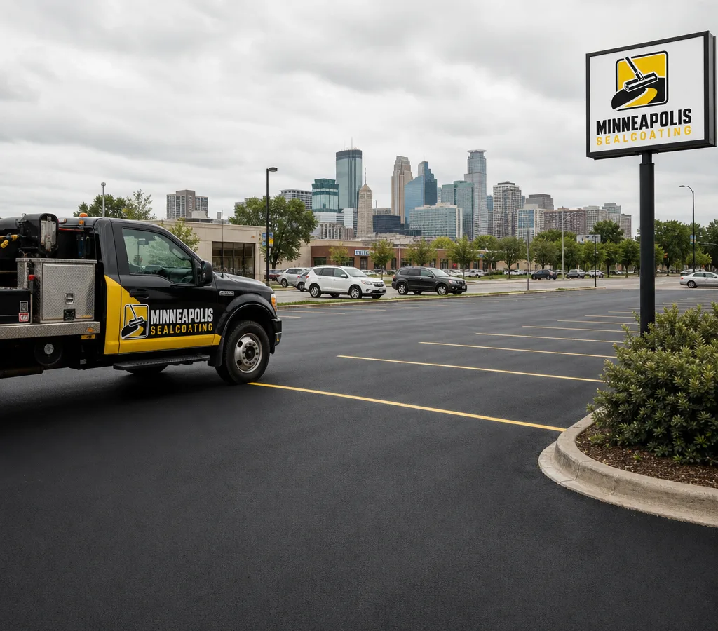 Freshly sealcoated commercial parking lot in Minneapolis with crisp striping and clean curb edges