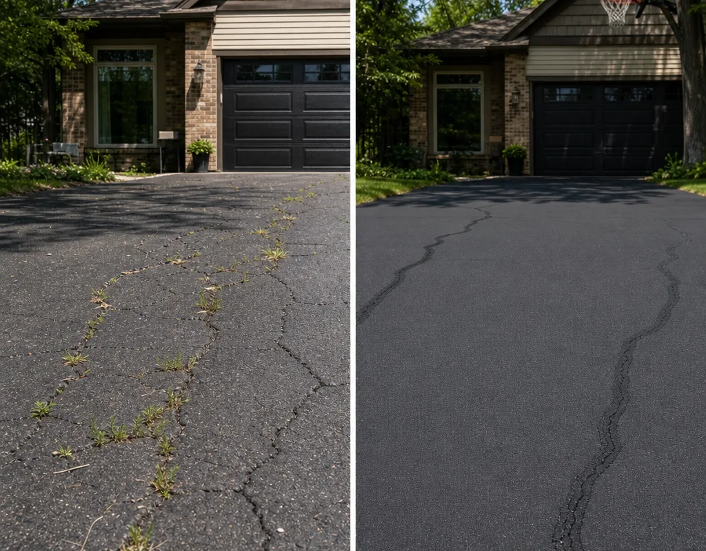 Before and after of an open, debris-filled Minneapolis driveway crack cleaned and properly filled with a neat finish