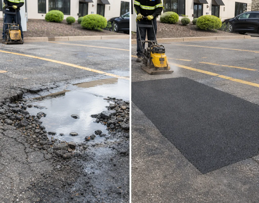 Before and after view of a broken parking lot pothole replaced by a neat saw-cut asphalt patch