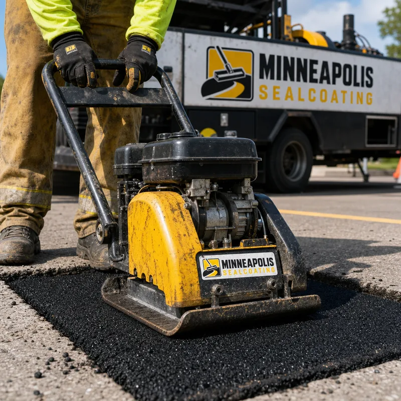Saw-cut rectangular asphalt patch with clean edges and a plate compactor placing fresh hot mix
