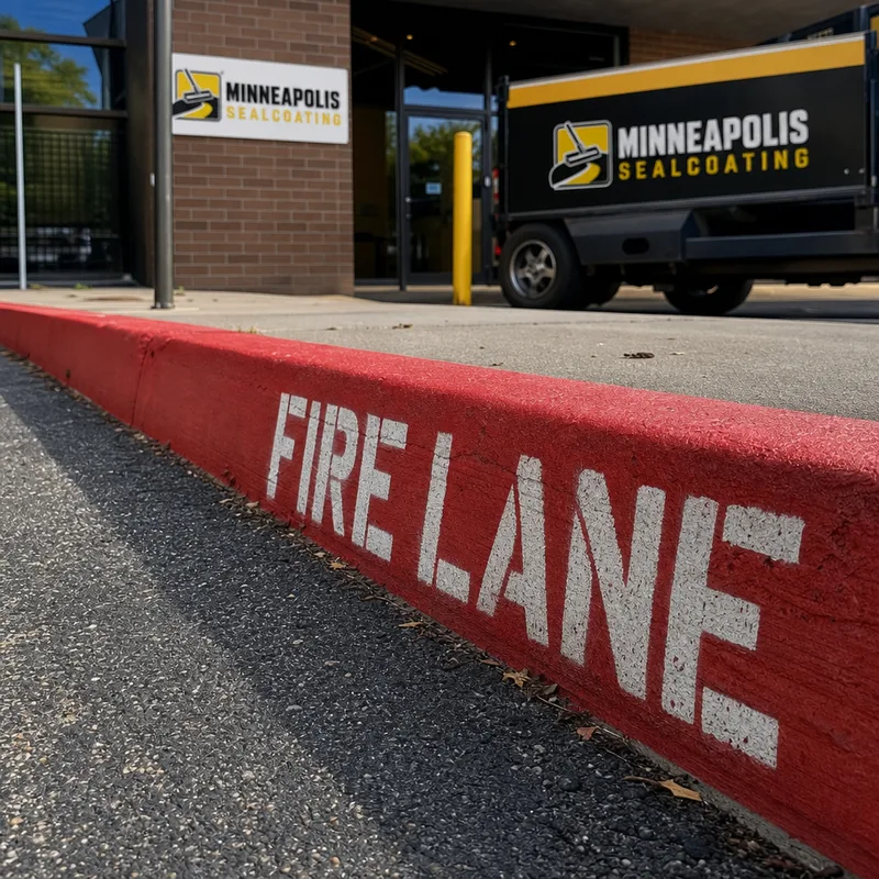 Fire lane curb marking with stenciled text along a building drop-off area