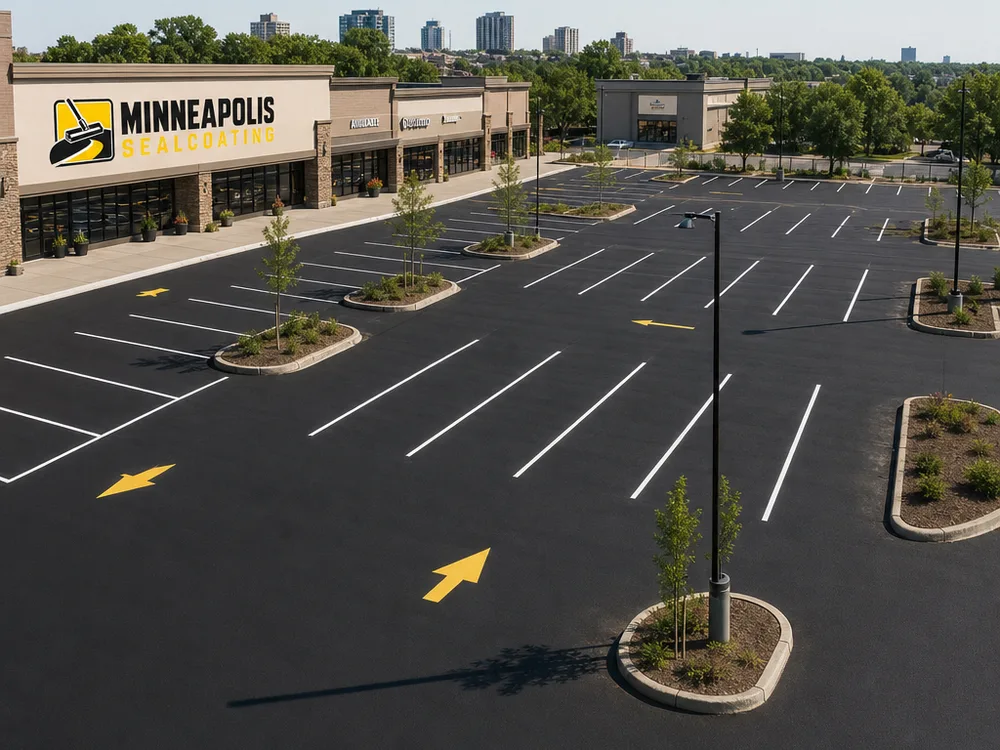 Freshly restriped retail lot with bright stalls, directional arrows and clearly defined drive aisles