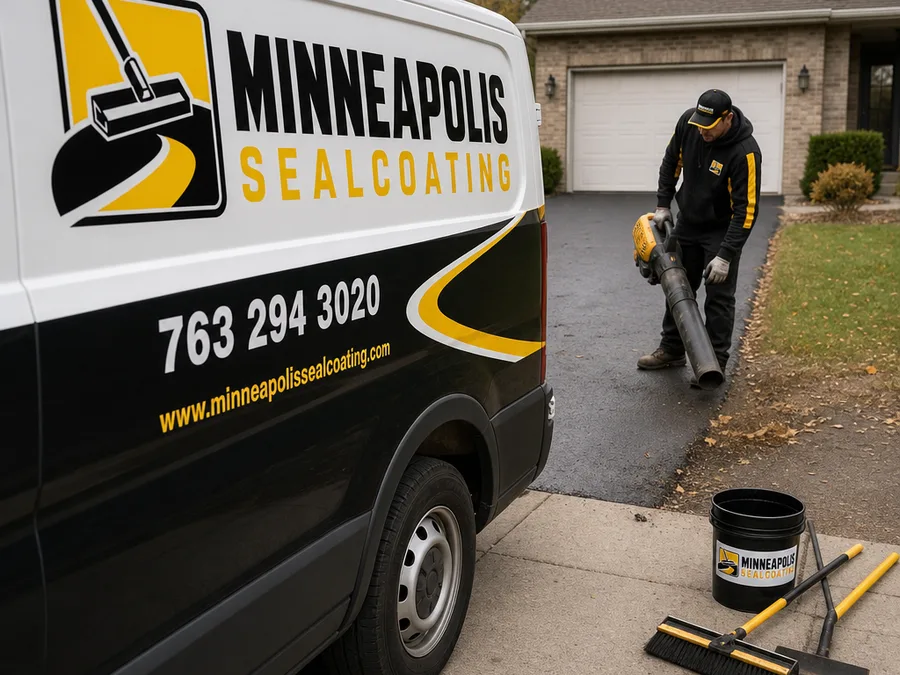 Technician cleaning asphalt edges and cracks before sealcoating