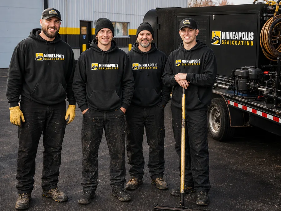 Minneapolis sealcoating crew beside their rig and tools